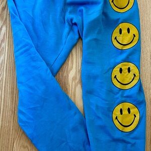 Aviator Nation Bright Blue Joggers with Yellow Smiley Accents
